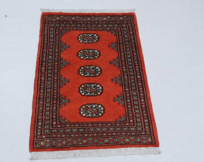 2 X 3 ft Orange Geometrical Handmade, Mori Bokhara Cotton and Wool