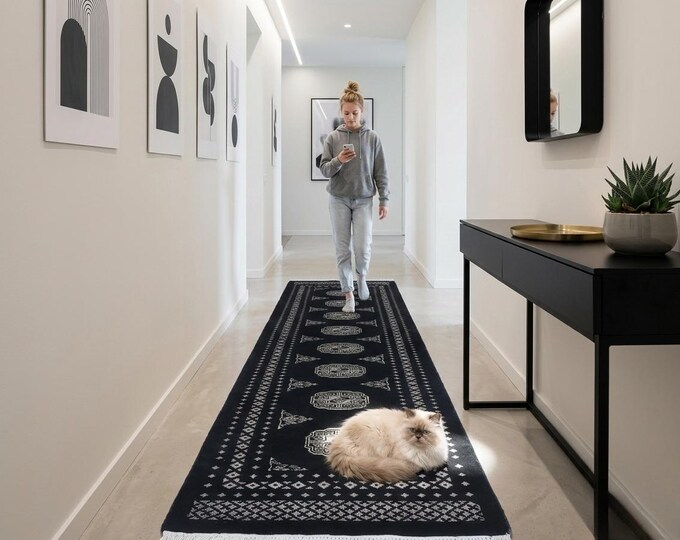 2.0 X 6.2 ft Black Geomatrical Handmade Runner, Mori Bokhara Cotton and Wool