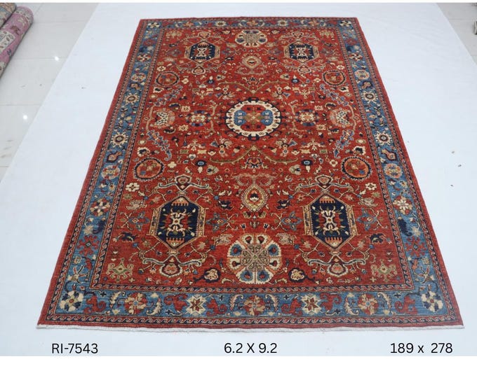 Hand-knotted Super Kazak Cotton and Wool Rug, Geomatrical in Red base and Blue border, 6.2 X 9.2 ft
