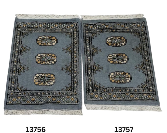 1.5 x 2 ft Geometrical Handmade, Sky Blue Mori Bokhara Rug Cotton and Wool (2  pieces)