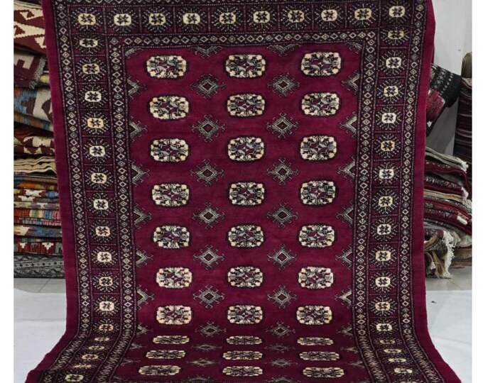 4 X 6 ft Red Geometrical Handmade , Mori Bokhara Cotton and Wool