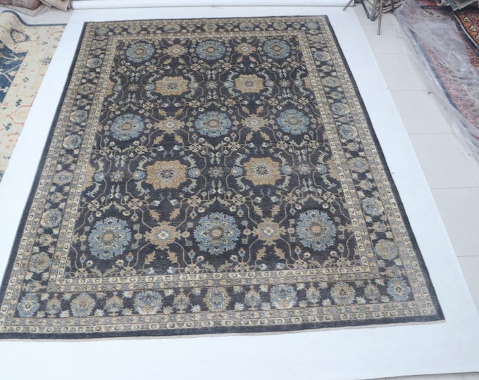 8.10 X 11.10 ft Black Geomatrical Handmade ,Heriz Cotton and Wool