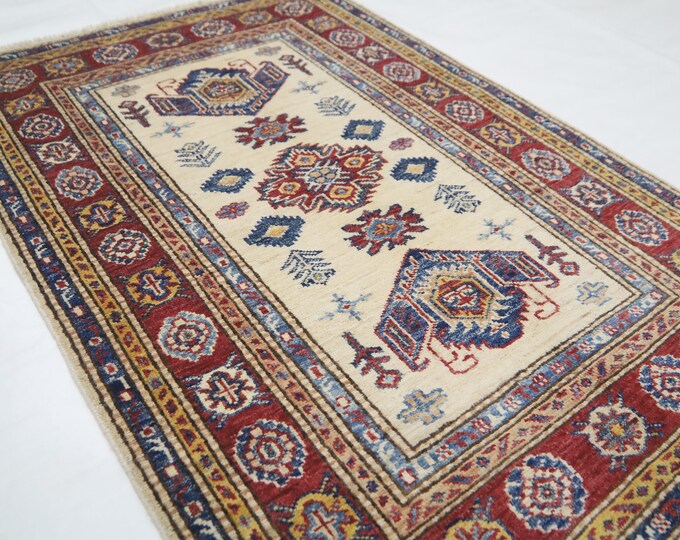 Handmade Wool Kazak Rug – 3x4 Beige & Red Afghan Rug