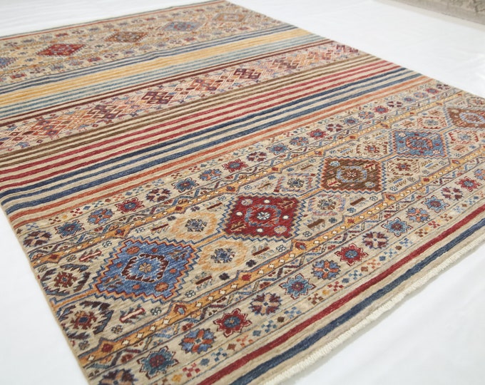 6x8 Light Brown Afghan Wool Rug – Hand-Knotted Khorjin Tribal Design