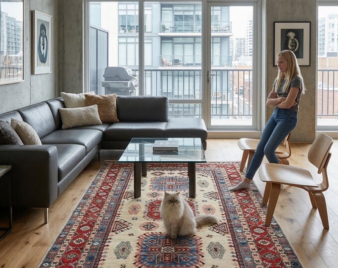 5.6 X 7.11 ft Red and Beige Geomatrical Handmade , Super Kazak Cotton and Wool