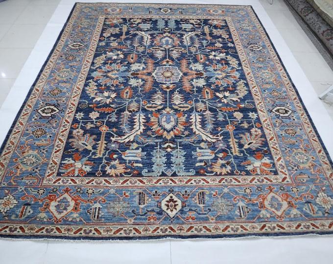 Blue Oushak Rug 9x12 – Handmade Turkish Wool, Floral Oriental Design