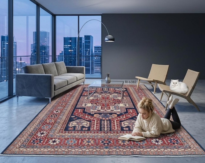 5.6 X 8.10 ft Blue and Red Geomatrical Handmade , Super Kazak Cotton and Wool