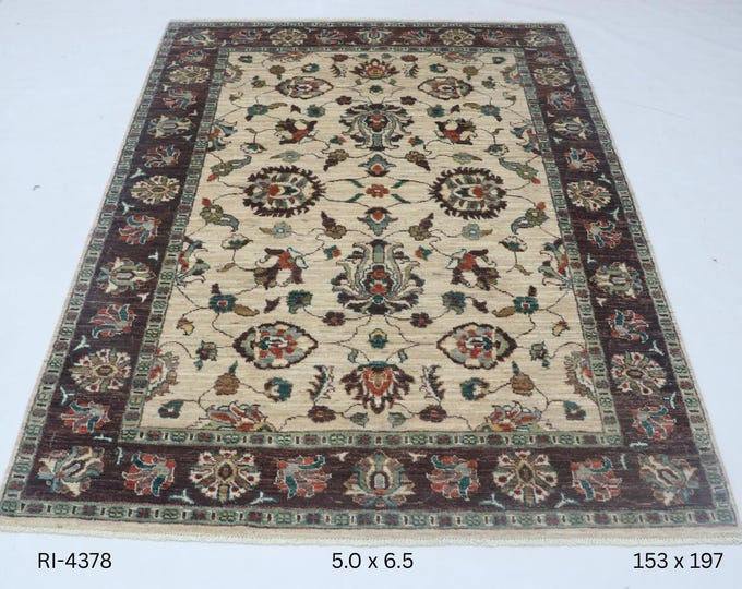 Hand-knotted Super Kazak Cotton and Wool Rug, Geomatrical in Beige base and Brown border, 5.0 X 6.5 ft