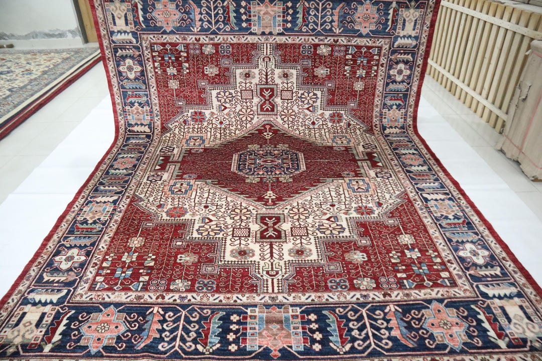 8x10 Heriz Area Rug - Red Blue Persian Style Afghan Hand Knotted ...