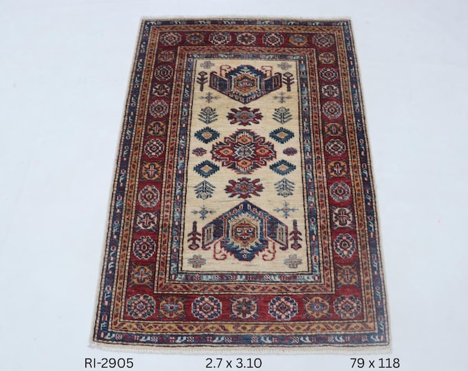 2.7 X 3.10 ft Beige and Red Geomatrical Handmade , Super Kazak Cotton and Wool
