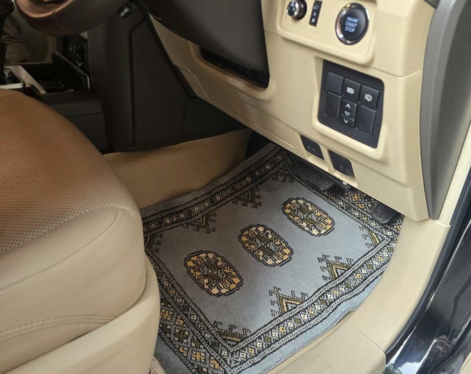 1.5 X 2 ft Geomatric Handmade Car Mats Pair, Gray Wool Car Floor Rugs, Cotton and Wool