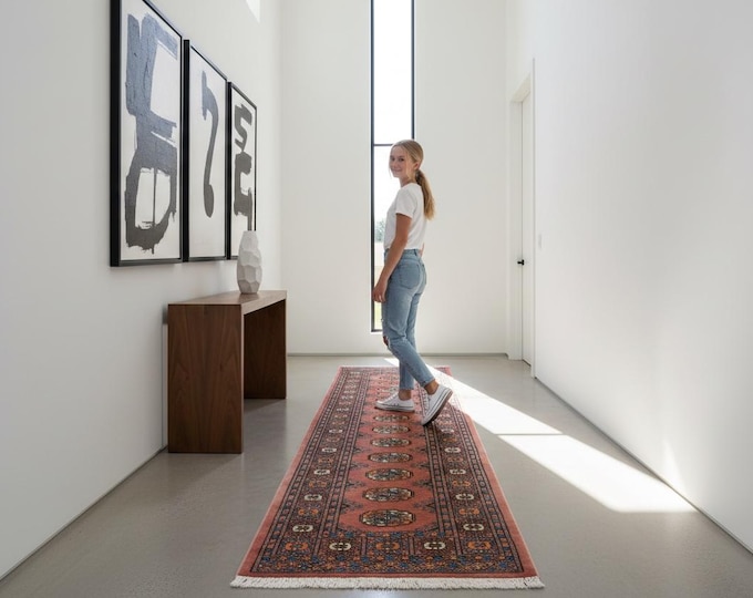 2.0 X 5.11 ft Copper Geomatrical Runner Handmade, Mori Bokhara Cotton and Wool