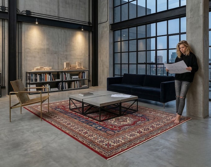 5.0 X 6.7 ft Red and Beige Geomatrical Handmade , Super Kazak Cotton and Wool