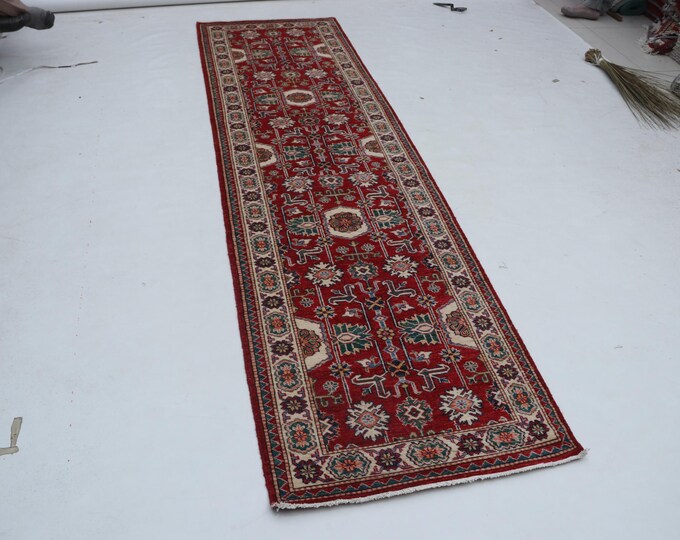 Hand-Knotted Wool Rug, Kazak Design, Red and Beige, (2.7 x 9.6 ft)