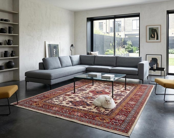 5 X 6 ft Beige and Red Geomatrical Handmade, Super Kazak Cotton and Wool