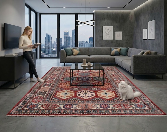 5.7 X 7.11 ft Red and Beige Geomatrical Handmade , Super Kazak Cotton and Wool