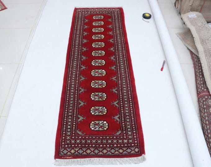 2.1 X 6.5 ft Red Geomatrical Runner Handmade, Mori Bokhara Cotton and Wool