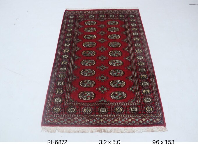 Hand-knotted Mohri Bokhara Cotton and Wool Rug, Geomatrical in Red base and Red border, 3.2 x 5.0 ft