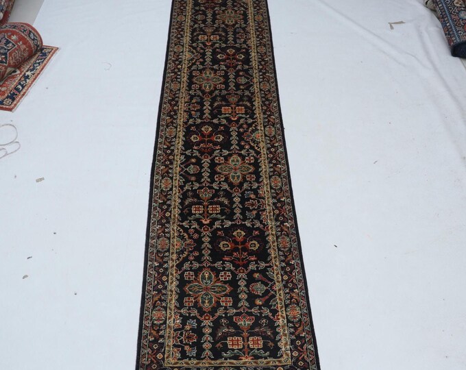 2.6 X 12.3 ft Black Floral Handmade Runner,Heriz Cotton and Wool