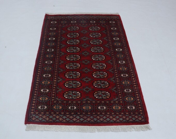 3.2 X 5.1 ft Red Geomatrical Handmade Runner, Mori Bokhara Cotton and Wool