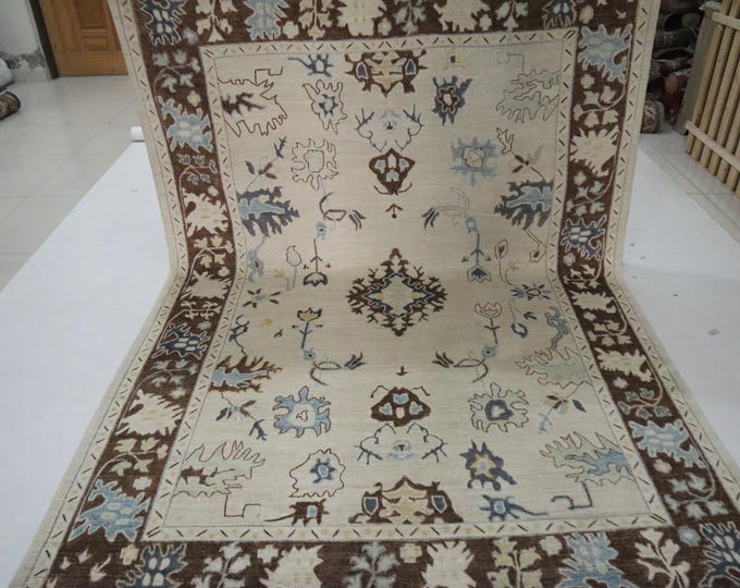 6x9 Beige Brown Oushak Rug, Turkish Hand-Knotted Wool, Floral Motif