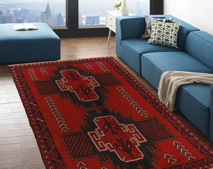 Hand-knotted Baluchi in Blue and Orange 3.93 x 6.56 ft