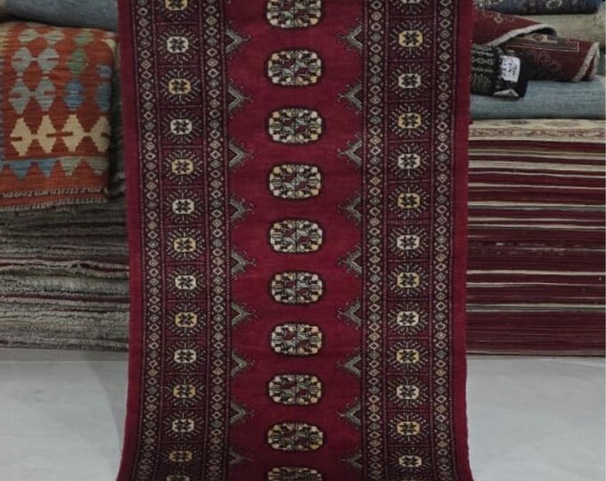 2.5 X 12 ft Red Geometrical Handmade Runner, Mori Bokhara Cotton and Wool