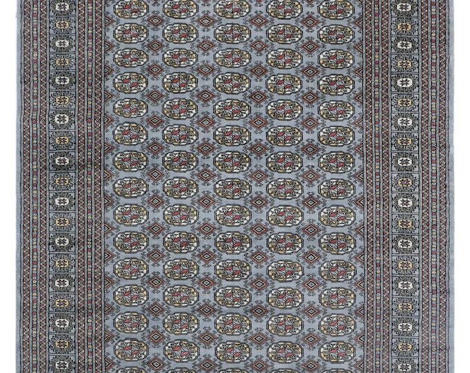 6.1 X 8.9 ft Gray Geomatrical Runner Handmade, Mori Bokhara Cotton and Wool