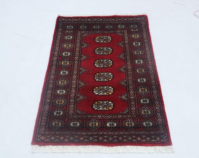 2.6 X 4.1 ft Red Geomatrical Handmade Runner, Mori Bokhara Cotton and Wool