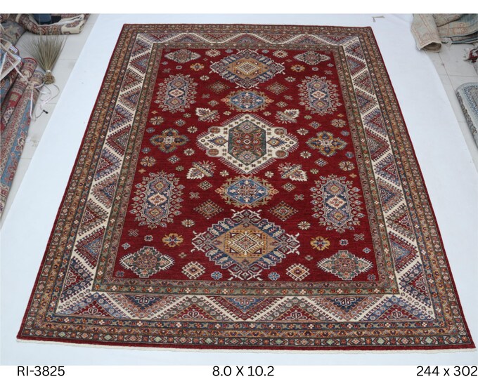 Hand-knotted Wool Rug, Red and Beige Geomatrical Design, 8.0 x 10.2 ft