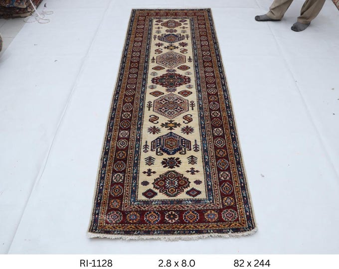 Hand-knotted Super Kazak Cotton and Wool Rug, Geomatrical in Beige base and Red border, 2.8 X 8.0 ft