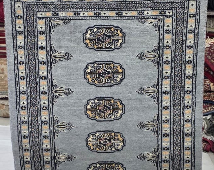 2.5 X 4 ft Gray Geometrical Handmade, Mori Bokhara Rug Cotton and Wool