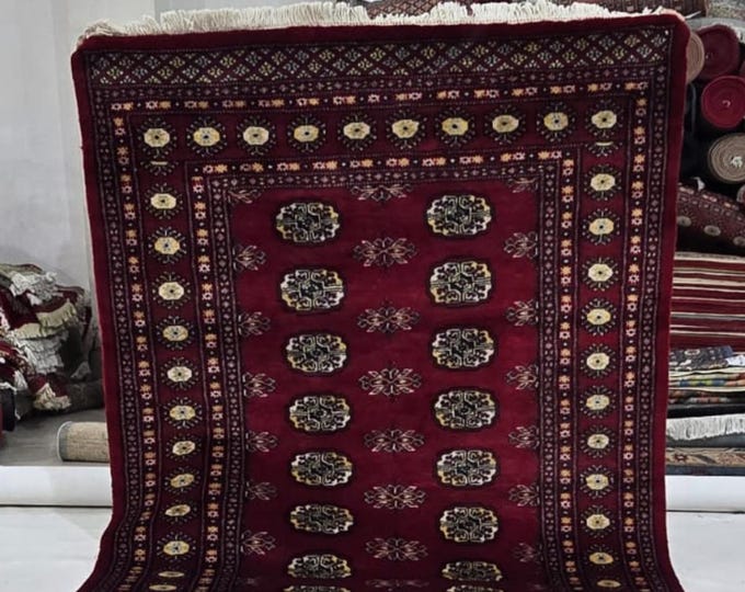 4 X 6 ft Red Geometrical Handmade , Mori Bokhara Cotton and Wool