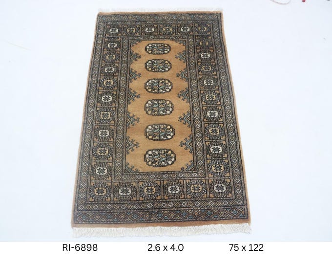 Hand-knotted Mori Bokhara Cotton and Wool Rug, Geomatrical in Brown base and Brown border, 2.6 x 4.0 ft