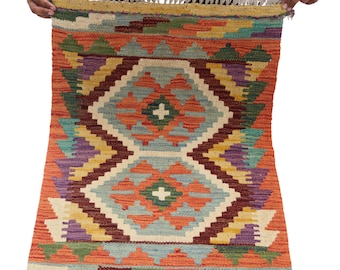 2 X 3 ft Handmade Geometrical Killim Rug, Muilty, Wool