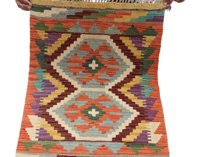 2 X 3 ft Handmade Geometrical Killim Rug, Muilty, Wool