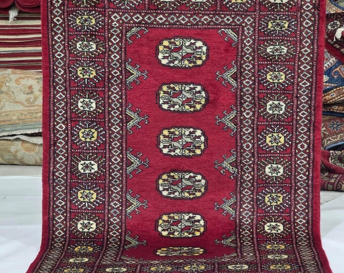 2.5 X 4 ft Red Geometrical Handmade, Mori Bokhara Cotton and Wool