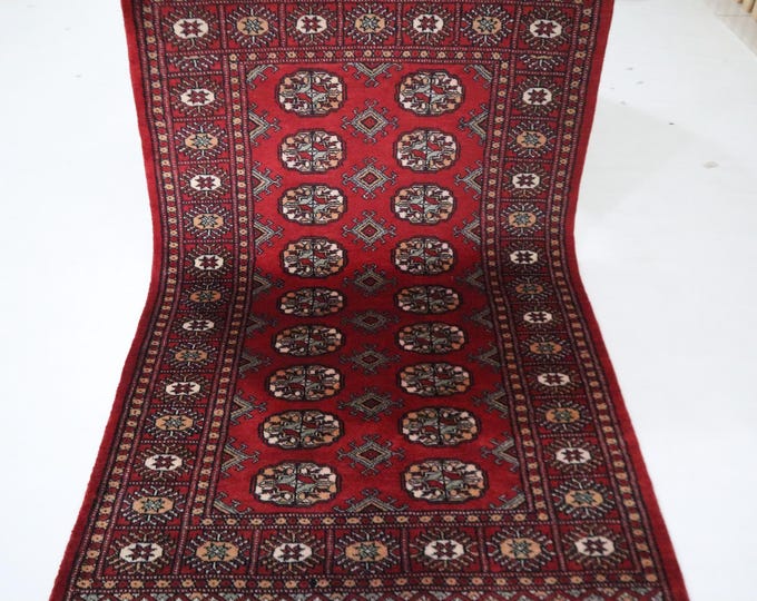 Hand Knotted Red Wool Bokhara Rug, 3x5 Tribal Area Rug