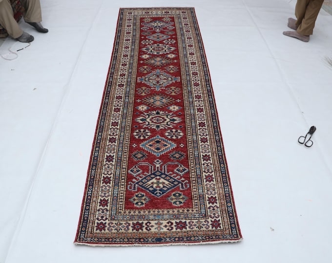 Hand-knotted Super Kazak Cotton and Wool Rug, Geomatrical in Red base and Beige border, 2.7 X 8.7 ft