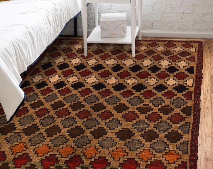 Hand-knotted Beige and Red Baluchi , 3.93 x 6.56 ft