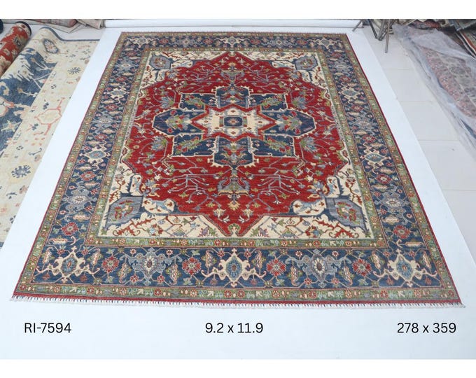 Hand-knotted Heriz Cotton and Wool Rug, Floral in Red base and Blue border, 9.2 x 11.9 ft