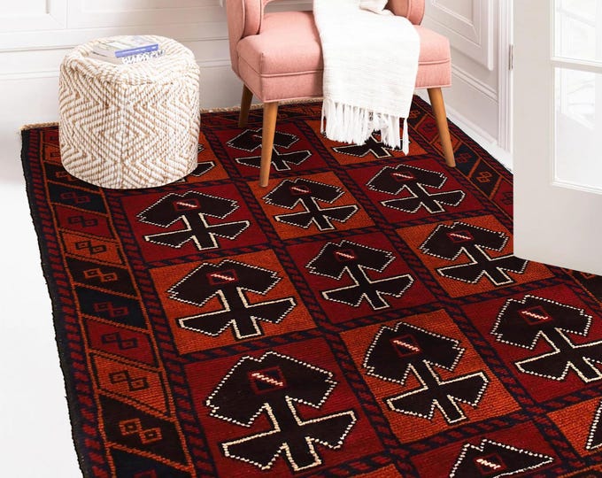 Hand-knotted Baluchi in Red and Orange 2.95 x 4.59 ft