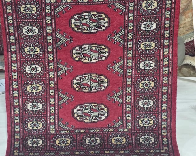 2 X 3 ft Red Geometrical Handmade, Mori Bokhara Cotton and Wool