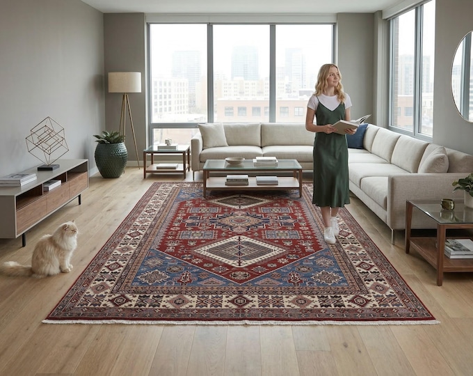 7.10 X 10.9 ft Beige and Blue Geomatrical Handmade , Super Kazak Cotton and Wool