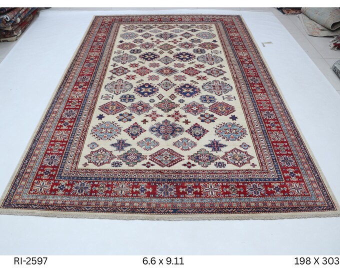 Hand-knotted Kazak Rug, Wool and Cotton, Beige and Red, 6.6 x 9.11 ft