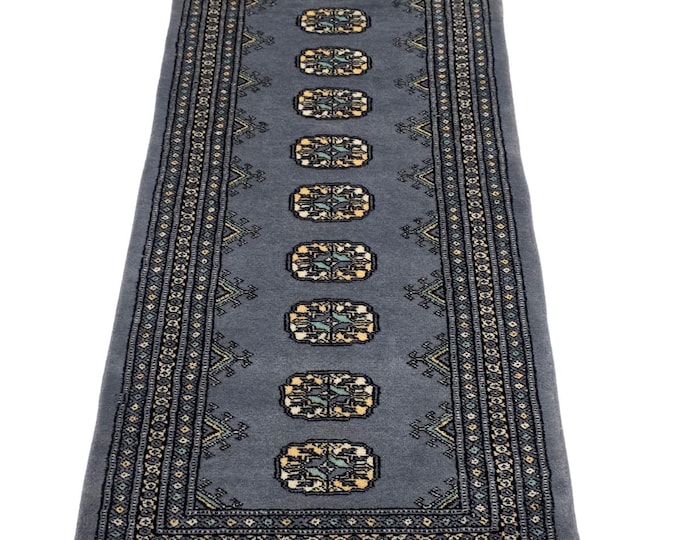 2 X 6 ft Gray Geometrical Handmade Runner, Mori Bokhara Cotton and Wool