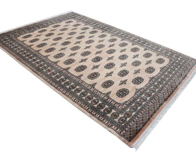 6.5 x 9.5 ft Beige Geomatrical Runner Handmade, Mori Bokhara Cotton and Wool