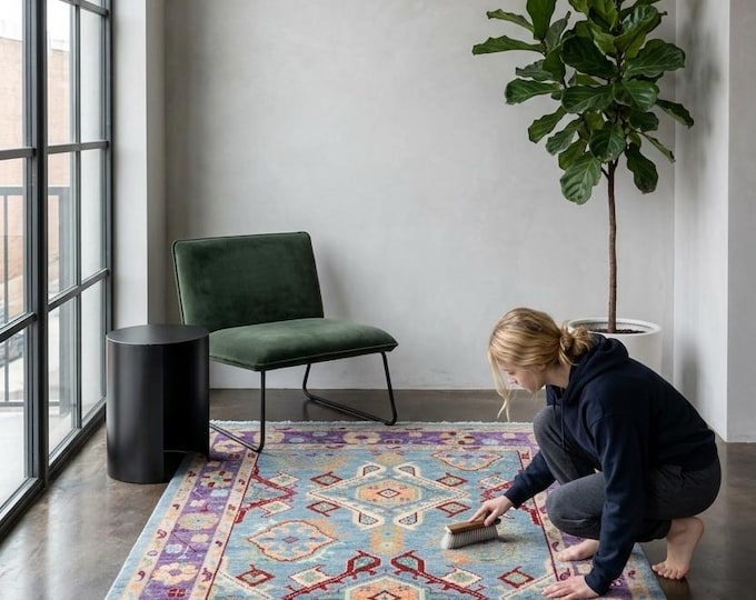 4.3 X 5.9 ft Blue and Purple Floral Handmade ,Oshak Wool