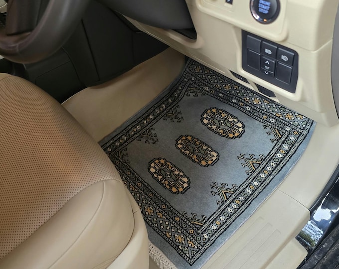 1.5 X 2 ft Geomatric Handmade Car Mats Pair, Gray Wool Car Floor Rugs, Cotton and Wool