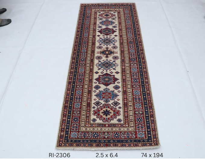 Hand-knotted Super Kazak Cotton and Wool Rug, Geomatrical in Beige base and Red border, 2.5 X 6.4 ft